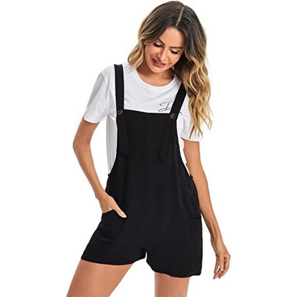 WOMEN'S Adjustable Straps Jumpsuit Overalls with Pockets, Shorts Black